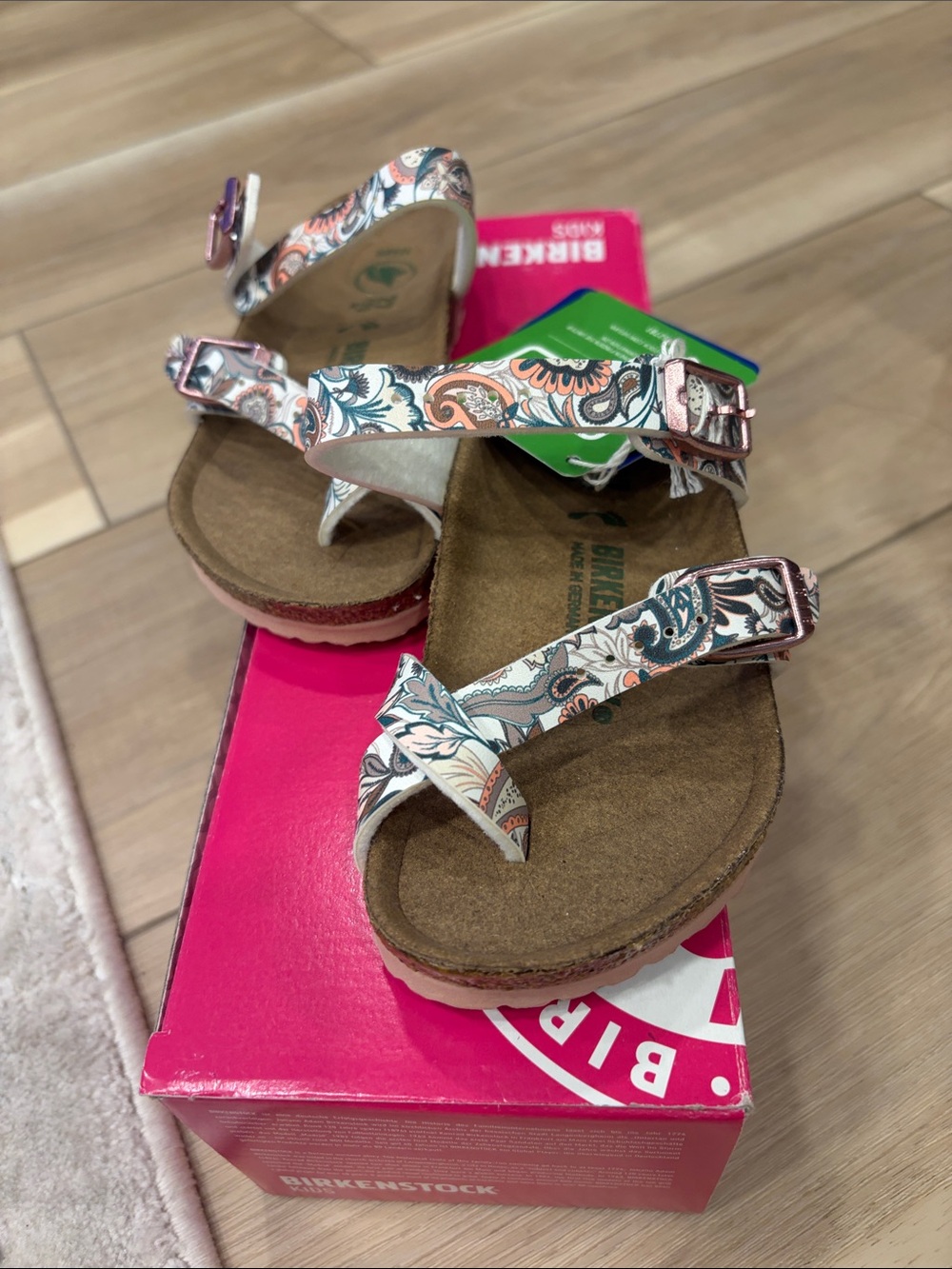 New Birkenstock girls Paisley Print Adjustable Sandals — White/Peach/Teal